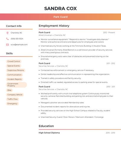 Park Guard Resume