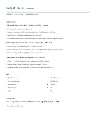 Park Guard Resume