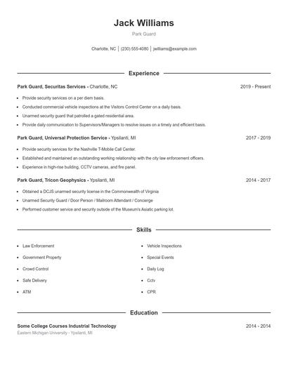 Park Guard Resume