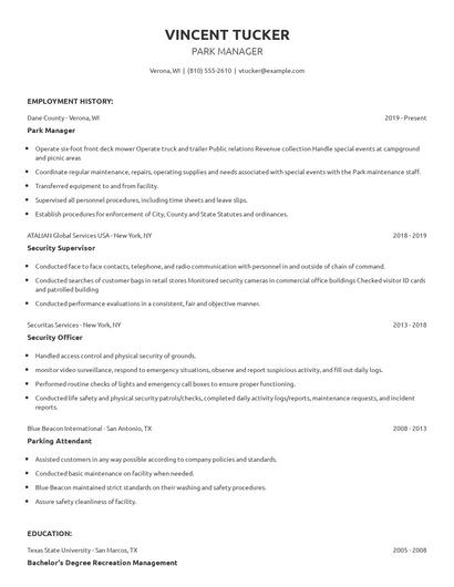 Park Manager Resume