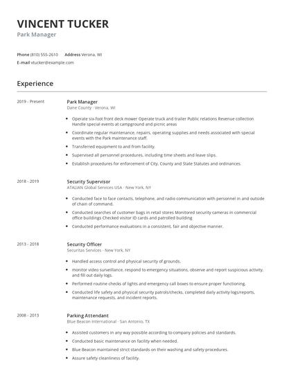 Park Manager Resume