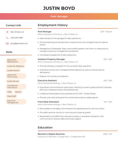 Park Manager Resume