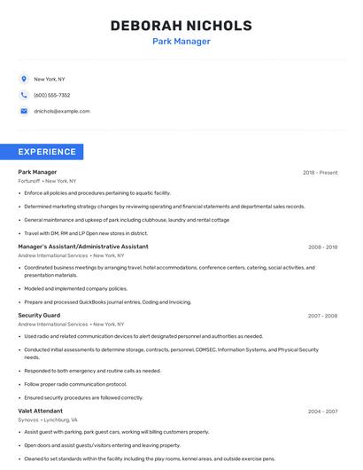 Park Manager Resume