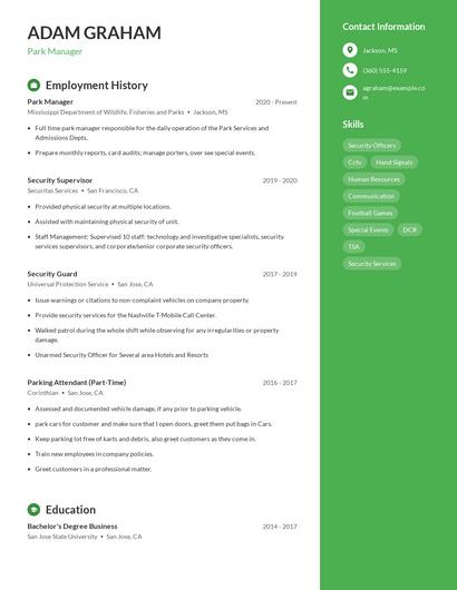 Park Manager Resume