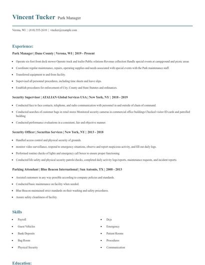 Park Manager Resume