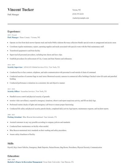 Park Manager Resume