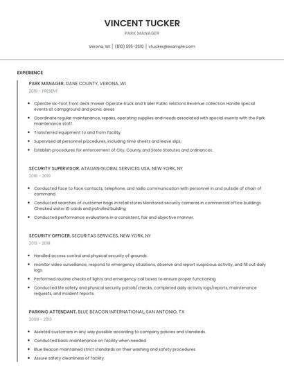 Park Manager Resume