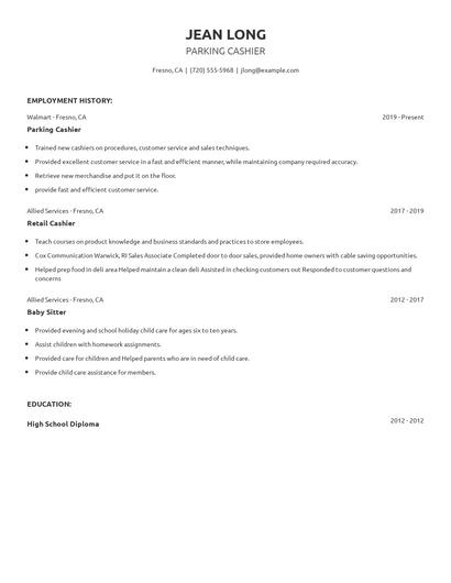 Parking Cashier Resume