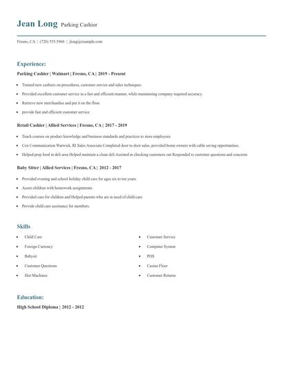 Parking Cashier Resume