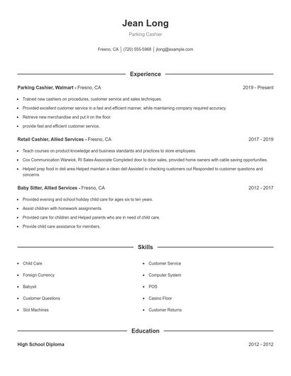 Parking Cashier Resume