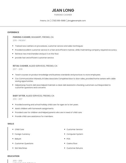 Parking Cashier Resume