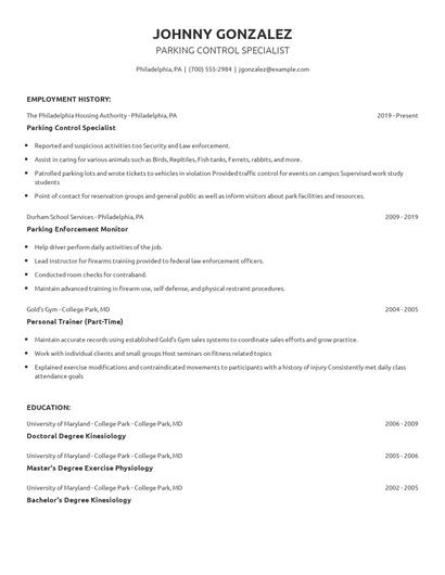 Parking Control Specialist Resume