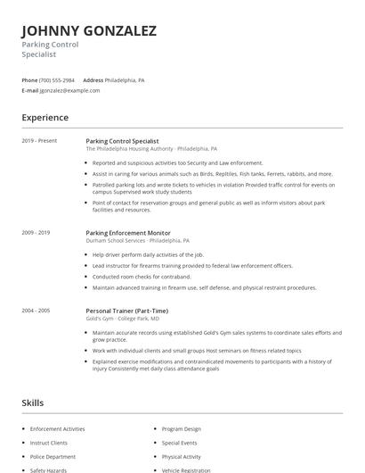 Parking Control Specialist Resume