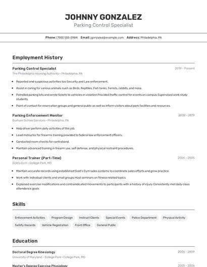 Parking Control Specialist Resume