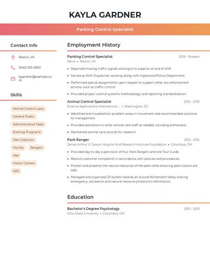 Parking Control Specialist Resume