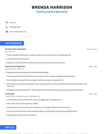 Parking Control Specialist Resume