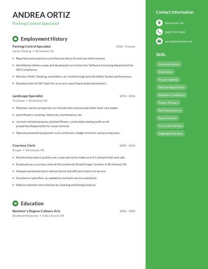 Parking Control Specialist Resume