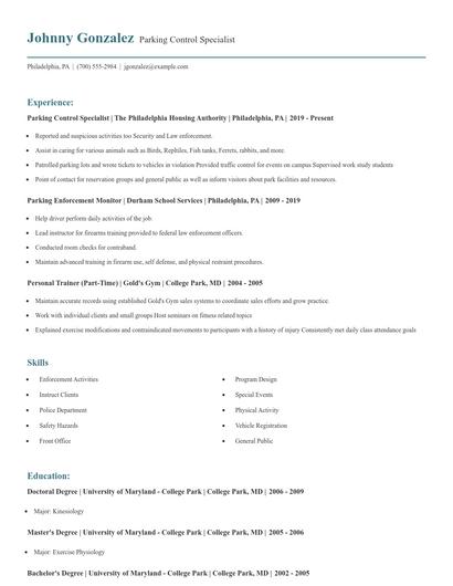 Parking Control Specialist Resume