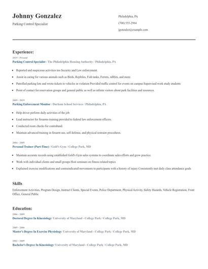 Parking Control Specialist Resume