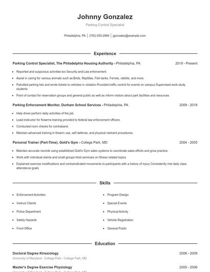 Parking Control Specialist Resume
