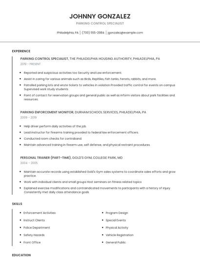 Parking Control Specialist Resume