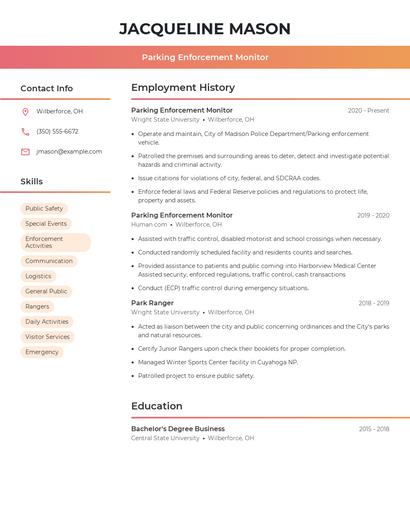 Parking Enforcement Monitor Resume