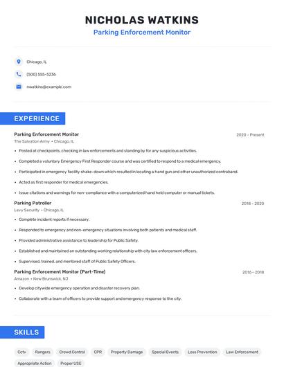 Parking Enforcement Monitor Resume