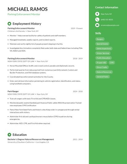 Parking Enforcement Monitor Resume