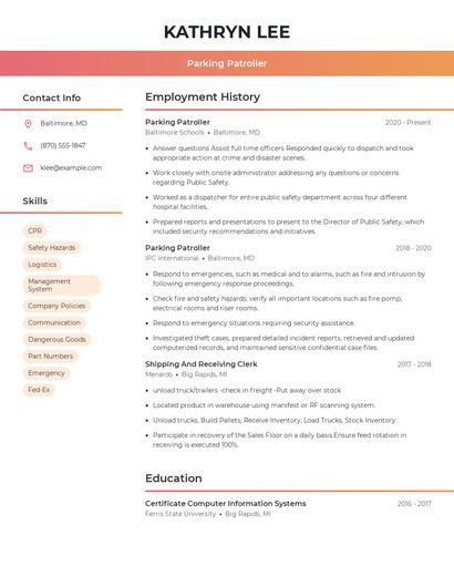 Parking Patroller Resume