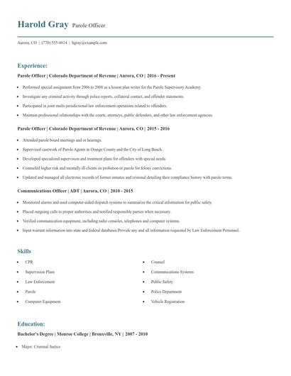 Parole Officer Resume