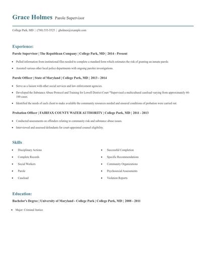 Parole Supervisor Resume