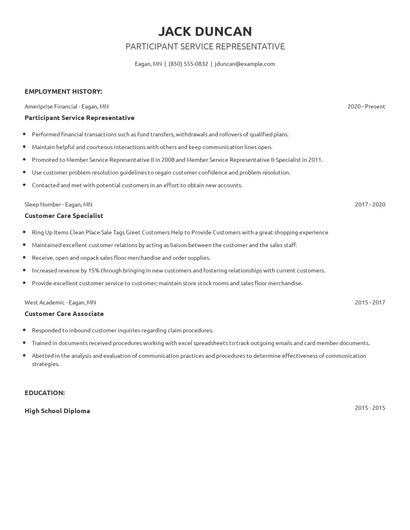 Participant Service Representative Resume