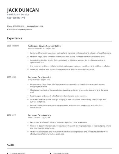 Participant Service Representative Resume