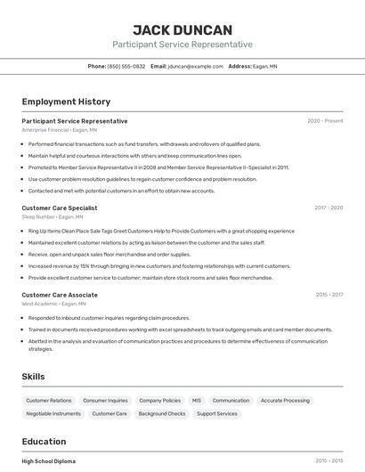 Participant Service Representative Resume