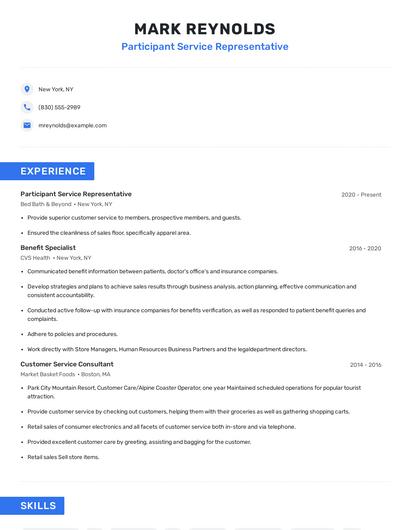 Participant Service Representative Resume