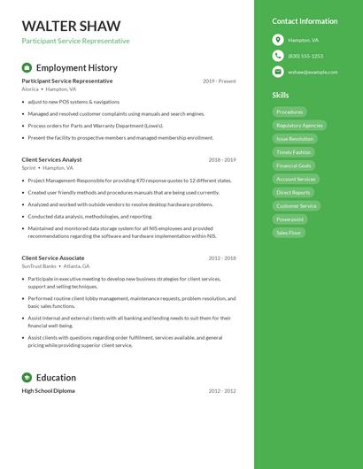 Participant Service Representative Resume