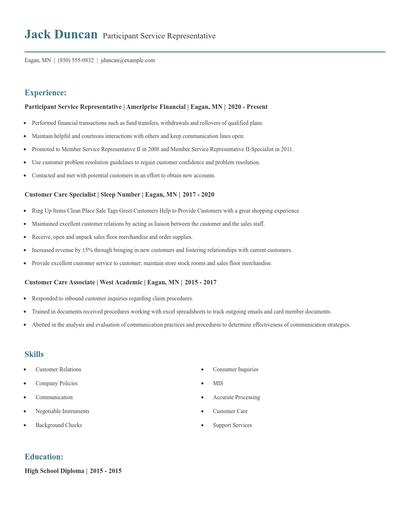 Participant Service Representative Resume
