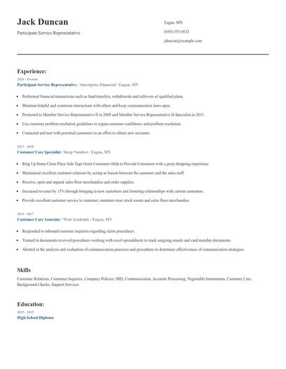 Participant Service Representative Resume