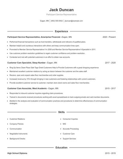 Participant Service Representative Resume
