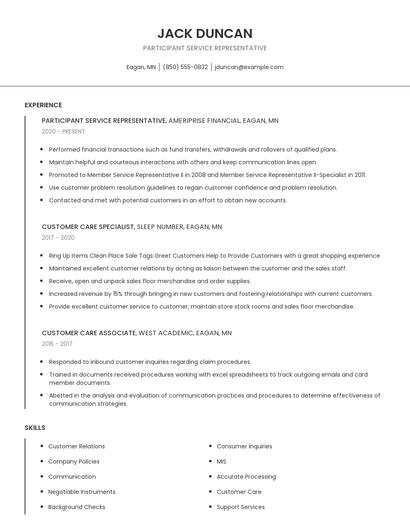 Participant Service Representative Resume