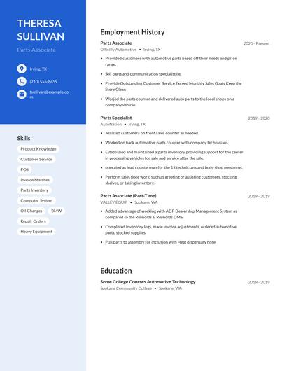 Parts Associate Resume