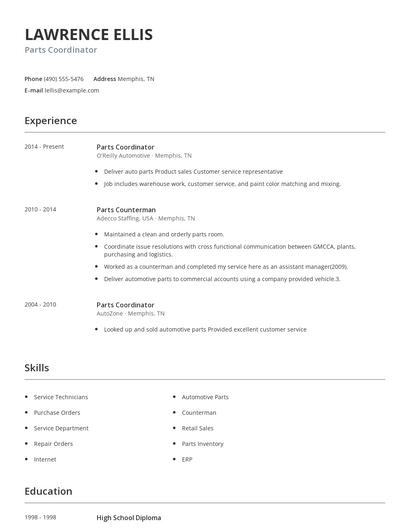 Parts Coordinator Resume