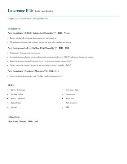 Parts Coordinator Resume