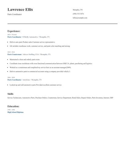 Parts Coordinator Resume