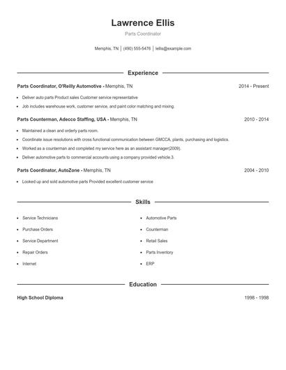 Parts Coordinator Resume