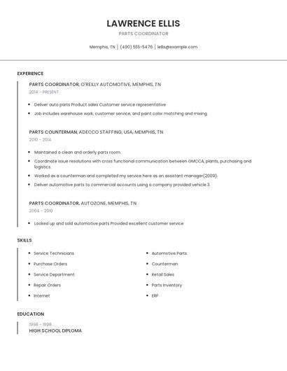 Parts Coordinator Resume