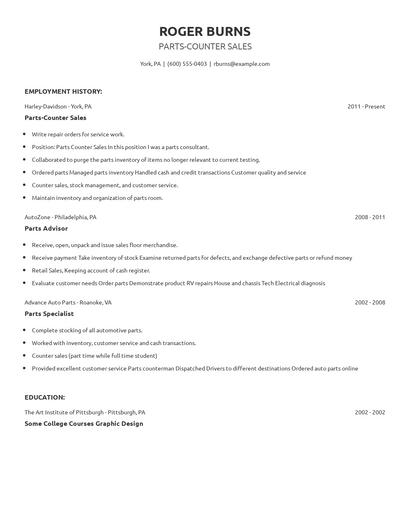 Parts-Counter Sales Resume