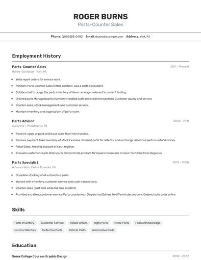 Parts-Counter Sales Resume