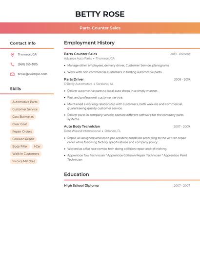 Parts-Counter Sales Resume