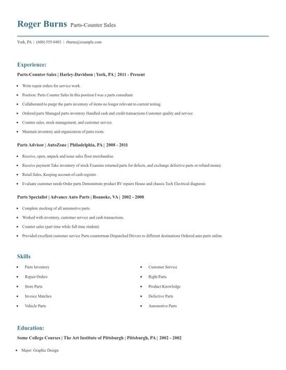 Parts-Counter Sales Resume